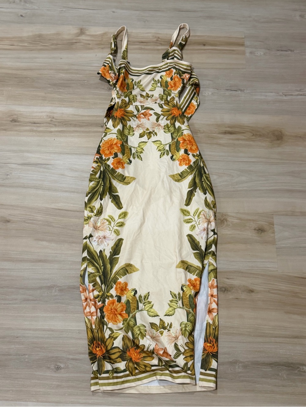 Floral Cream & Olive Midi Dress with Orange Blooms